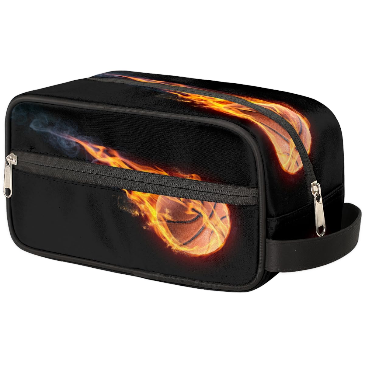 WowPrint Bolsa de maquillaje de viaje de baloncesto en llamas para mujeres, hombres, niños, niñas, niños, bolsa de lavado de baloncesto, bolsa de aseo de aseo cosmético, organizador de artículos de tocador,