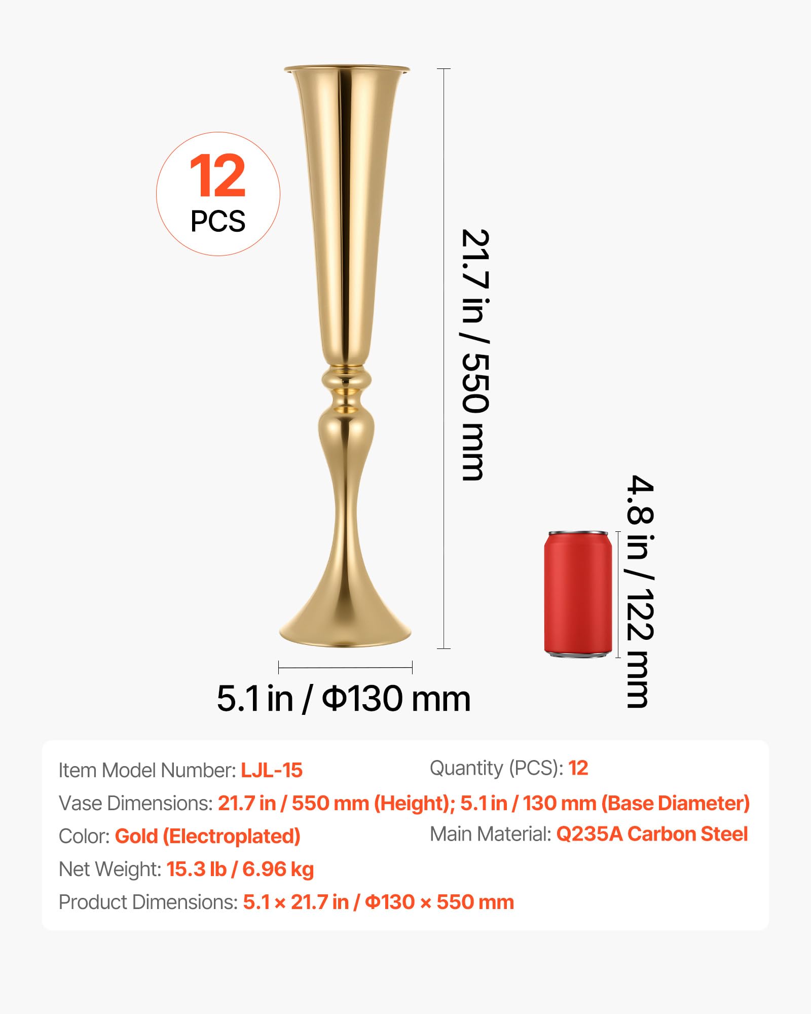VEVOR Set di 12 Vasi Decorativi Centrotavola per Matrimonio in Metallo, 12 Vasi Supporto per Composizioni Floreali Altezza 55 cm per Decorazioni Banchetti Feste Casa, Finitura Galvanizzata Oro