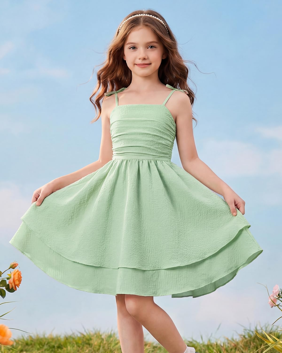 JiAmy Vestito con spalline sottili per bambine e ragazze, prendisole estivo e primaverile, casual, da spiaggia, per adolescenti, abito da ballo per 7-12 anni