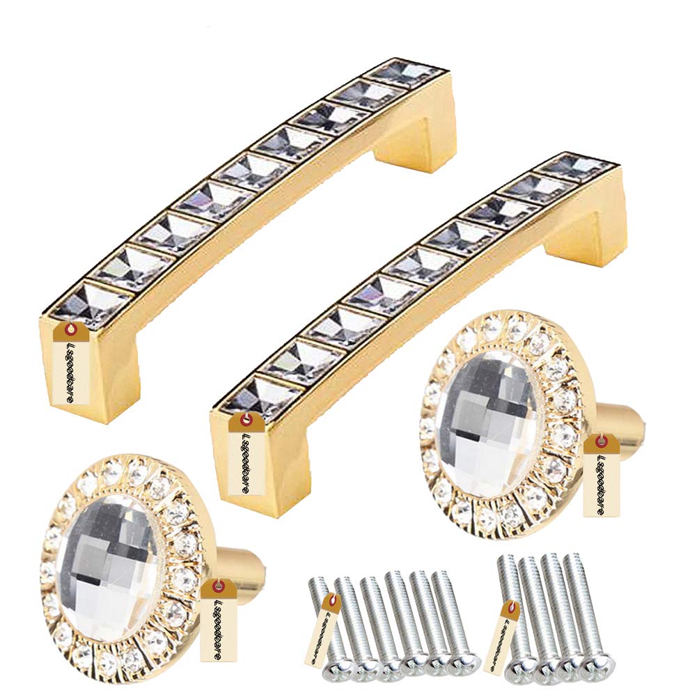 Lsgoodcare Crystal Glass Drawer Dresser Pull Handles 3.8 Inch Modern U Shaped Cabinet Decoration Handle Golden & Rhinestone Door Cupboard Furniture