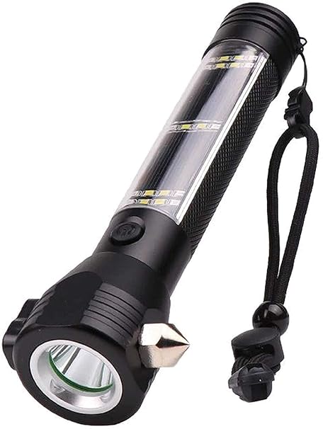Betlex Aluminium 7 Mode Rechargeable Solar LED Torch Flashlight, Power Bank, Car Emergency Tool with Window Breaker, Magnet, Cutter, Compass for Travel, Camping Hiking Security (Black)