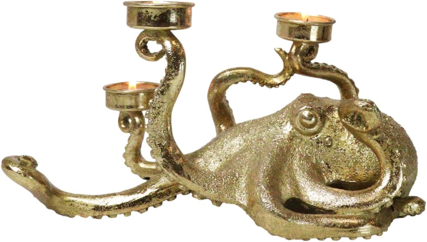 Ebros Contemporary Metallic Finish Deep Ocean Octopus Tentacles Triple Votive Candle Holder Statue 10.5" L Kraken Sea Monster Cthulhu Candleholder Decorative Sculpture (Gold Tone)