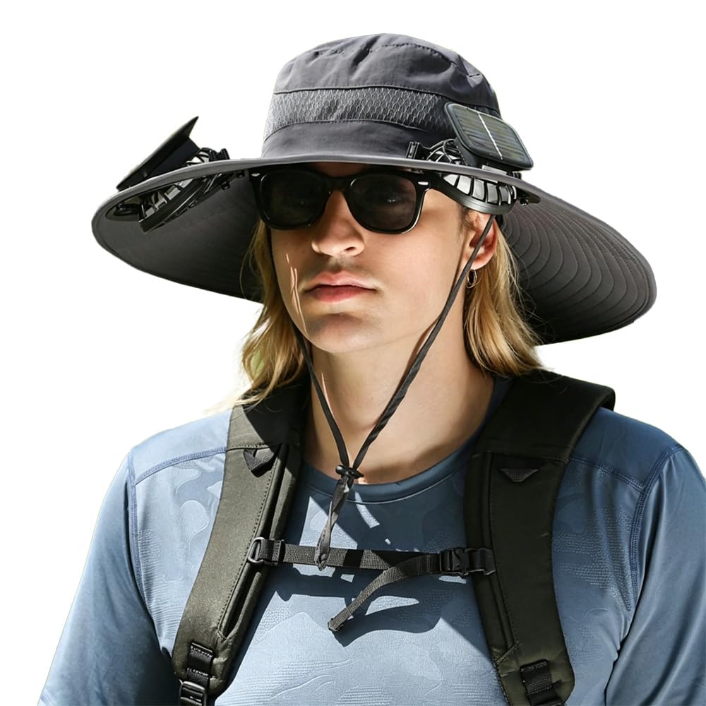 Chapeau de Soleil, Chapeau de Pêche avec 2 Ventilateur Solaire, Chapeau de Fan Solaire à Bord Large, Générique Chapeau de Fan Solaire pour Activités de Plein Air comme la Randonnée Jardinage