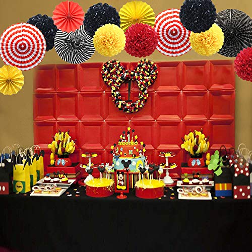 Image of Red Yellow Black Hanging Paper Party Decorations, Round Paper Fans Pom Poms Flowers Set for Mickey Mouse Theme Firetruck Birthday Wedding Graduation Baby Shower