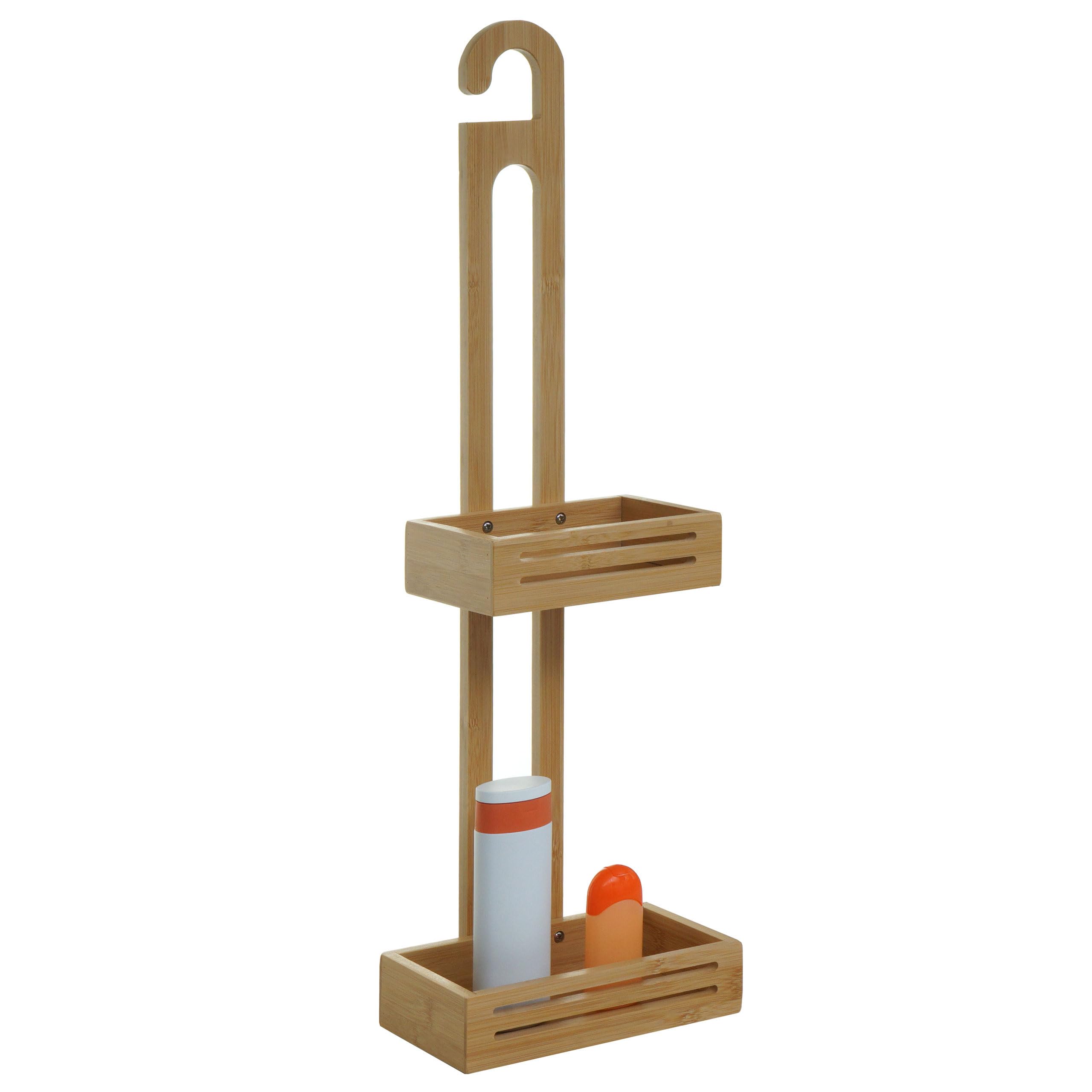 Mensola con 2 cestelli portaoggetti da Appendere Sapone Bagno Doccia HWC-M23 Legno bambù 69x22x13cm