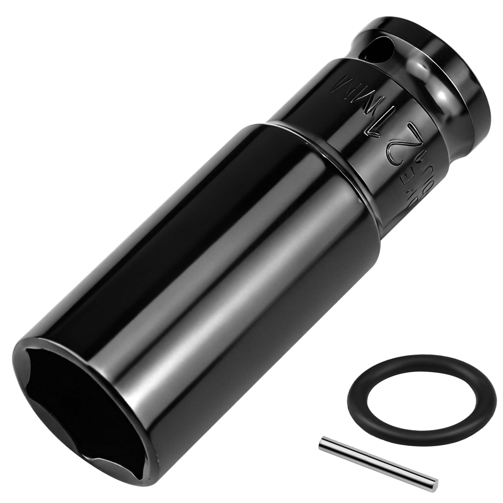 Lunhoo 21mm Deep Impact Socket, 1/2” Square Drive, 6 Point Hex Impact Socket for Long Bolts, Lug Nuts and Scaffolding Tools, Chrome Vanadium Steel with Retaining Pin & O-Ring
