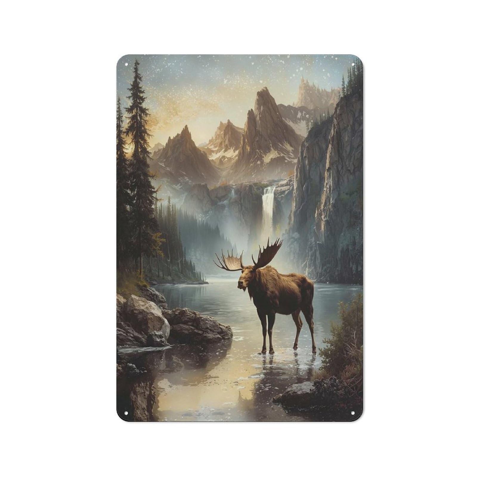 Moose in Mountain Lake Landscape Vintage Metal Plaque 30x20cm for Dining Room Or Kitchen, for Dining Room Decor Fans