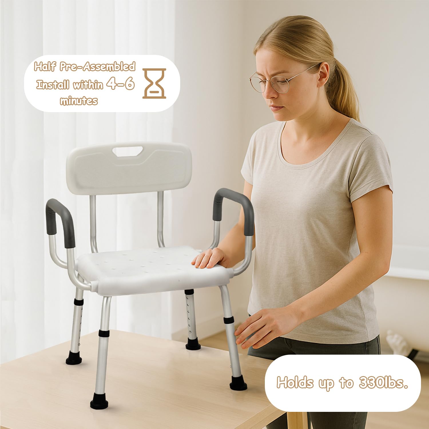 Asientos de ducha extra anchos de 61 cm para adultos con brazos y respaldo | Sillas de baño semipremontadas para personas mayores o personas grandes y altas, capacidad de peso de 150 kg.
