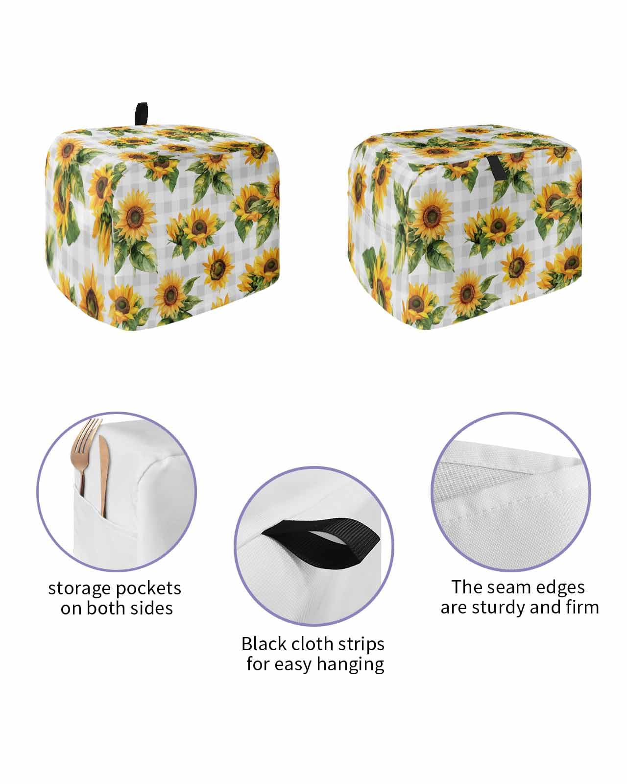 Sunflower Gray Check Toaster Cover 2 Slice, Spring Summer Flowers Botanical Dustproof Bread Machine Oven Cover with Storage Pockets, Fits Most Kitchen Toasters Protector
