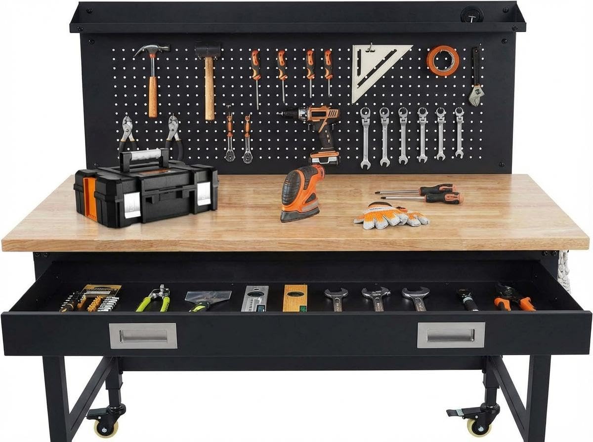 Heavy Duty Workbench 120cm, Adjustable Garage Work Table with Power Strip & Pegboard, 900kg/2000lbs Solid Wood Top Rolling Tool Station with Drawer