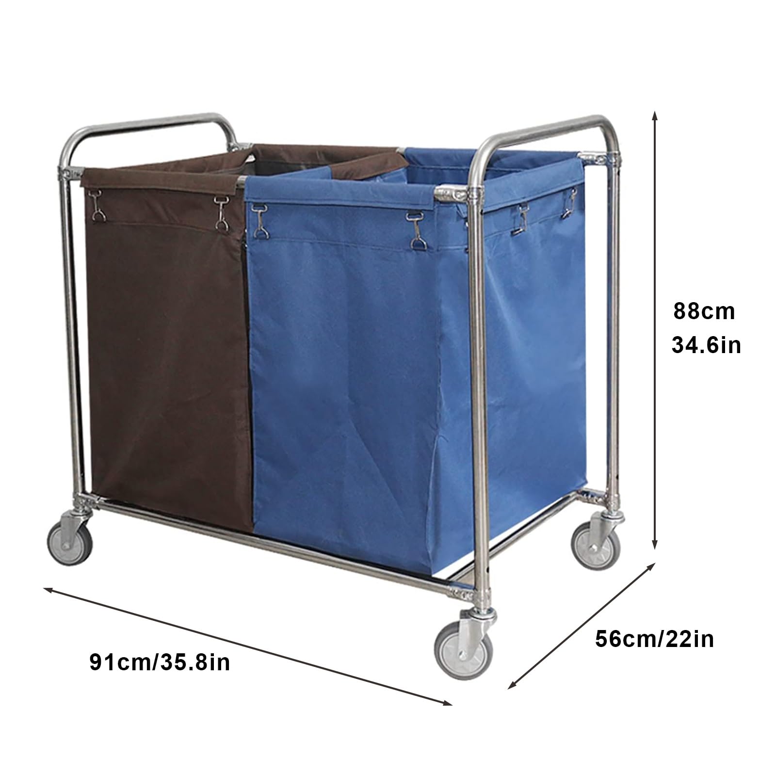 Carrito clasificador de cesta de lavandería, carrito de 2 secciones con bolsas extraíbles sobre ruedas para el hogar, uso comercial, hoteles y hospitales, solución de almacenamiento conveniente y