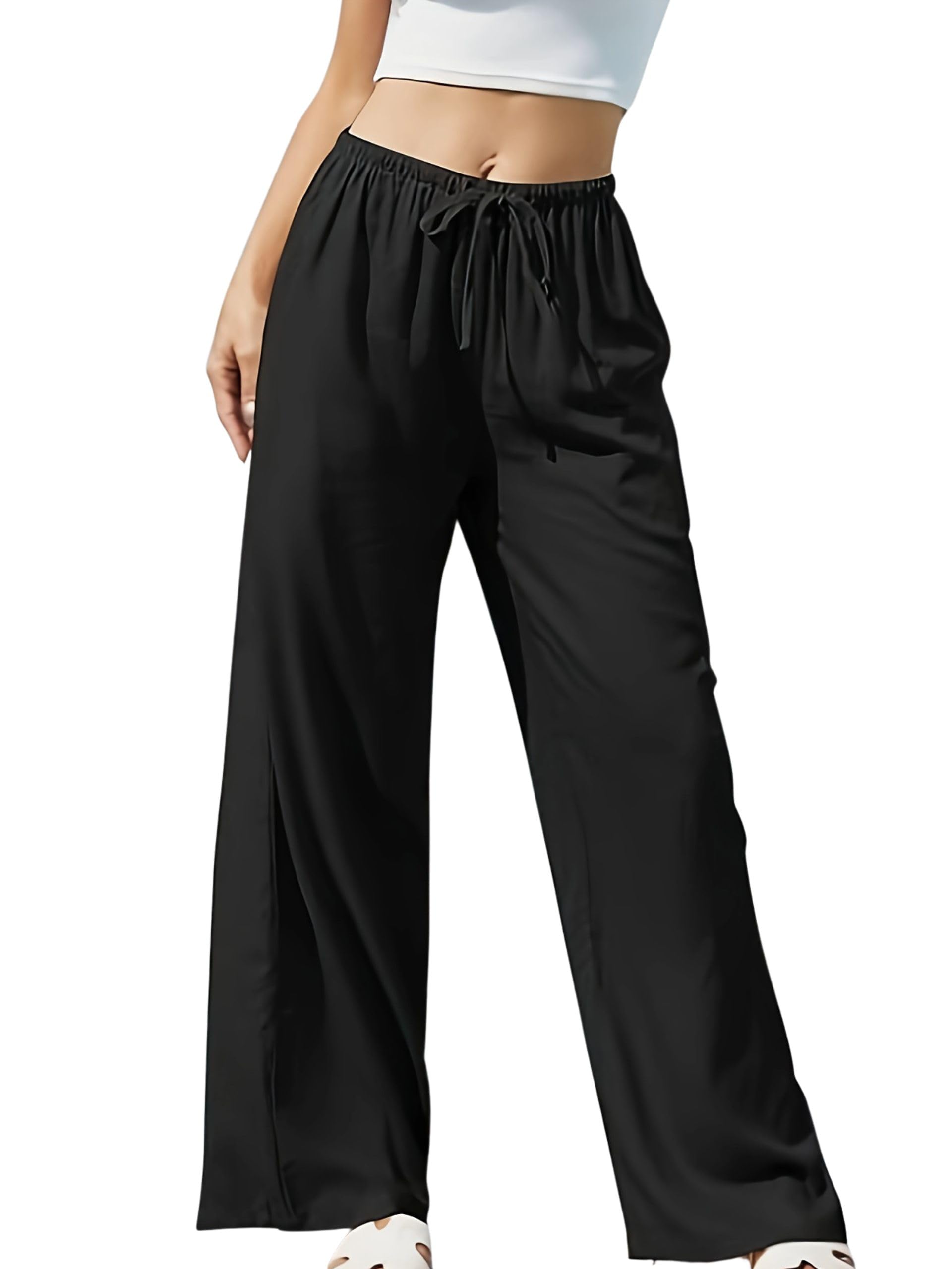 Womens Casual Trousers Flowy Pants Drawstring Waist Wide Leg with Pocket Trousers for Summer Beach Vacation