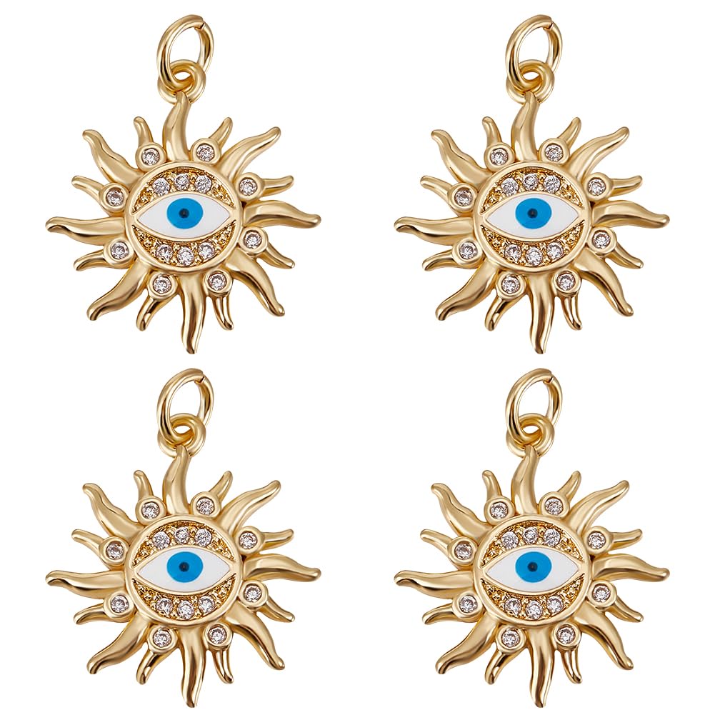 Beebeecraft 1 Box 5Pcs Evil Eye Charm 18K Gold Plated Cubic Zirconia Celestial Sun Blue Turkish Eye Enamel Pendants Charms with Jump Rings for Jewelry Making DIY Crafts