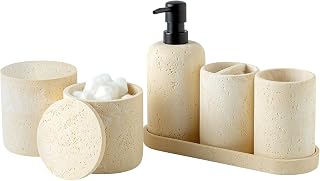 WUUAHOME Bathroom Accessories Set, Travertine Stone-Look, 6 PCS Bathroom Accessory Set with Soap Dispenser, Toothbrush Holder, Tumbler, Vanity Tray, Cotton Swab Jars for Countertop (Yellow)