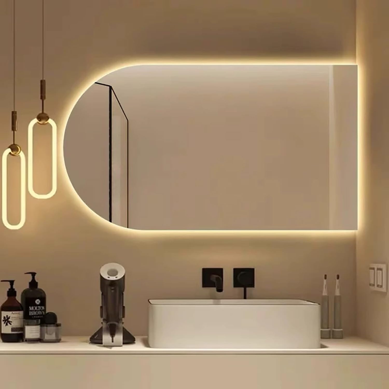 Miroir lumineux LED tactile asymétrique avec fonction désembuage mural
