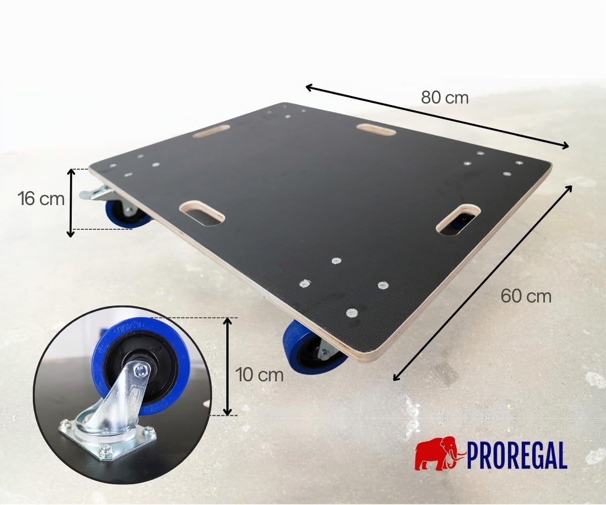 PROREGAL 2er Set Transportroller 800kg 80x60 cm mit 2X Feststellbremse Hercules Schwerlast 4 Gummirollen & Griff, Siebdruckplatte rutschfest, Rollbrett für Möbel Reifen Kisten Möbelroller Werkstatt
