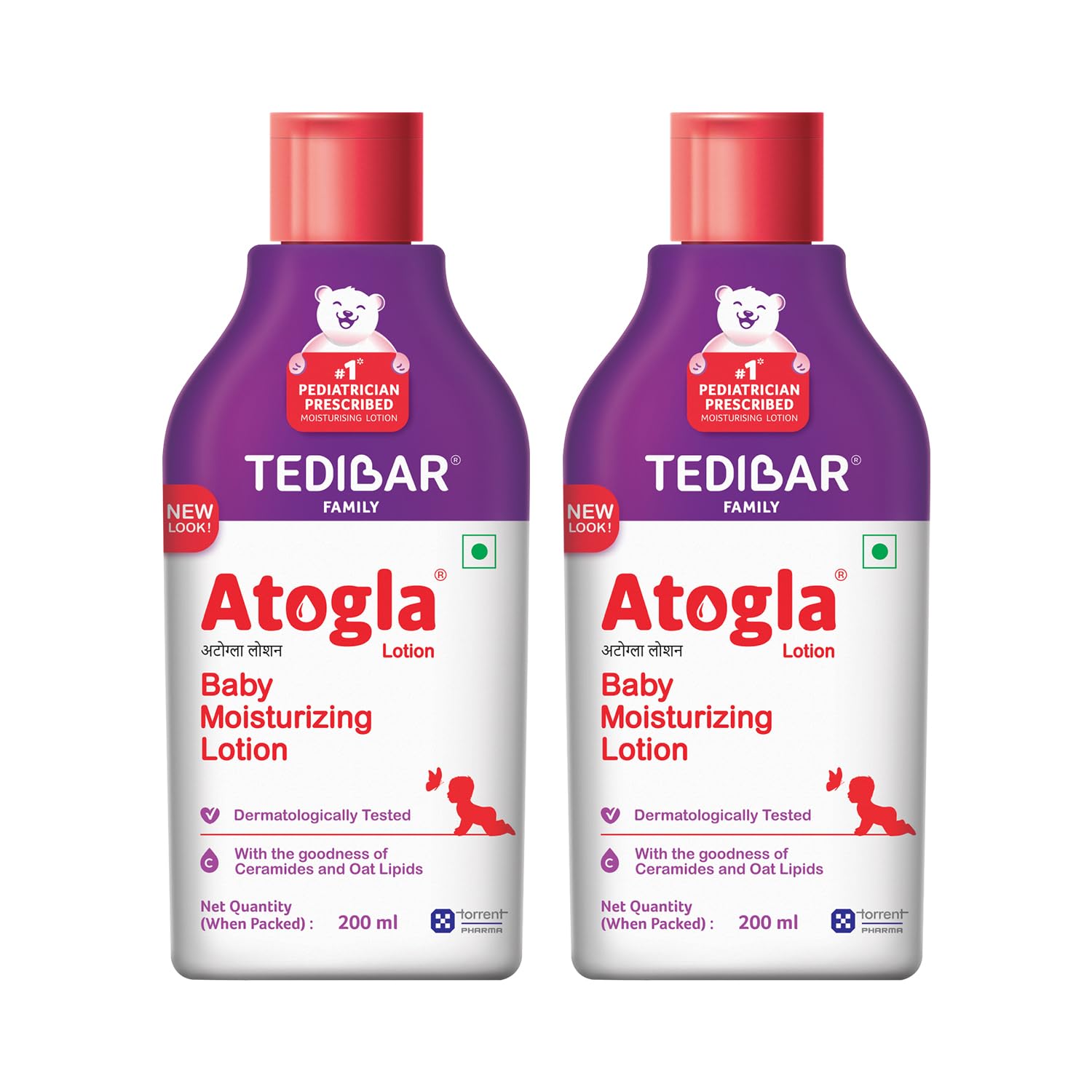Atogla Baby Lotion 200ml (Pack of 2) from Tedibar Family with goodness of ceramides and oat lipids | No. 1* Pediatrician prescribed Moisturising Lotion- By Torrent Pharma