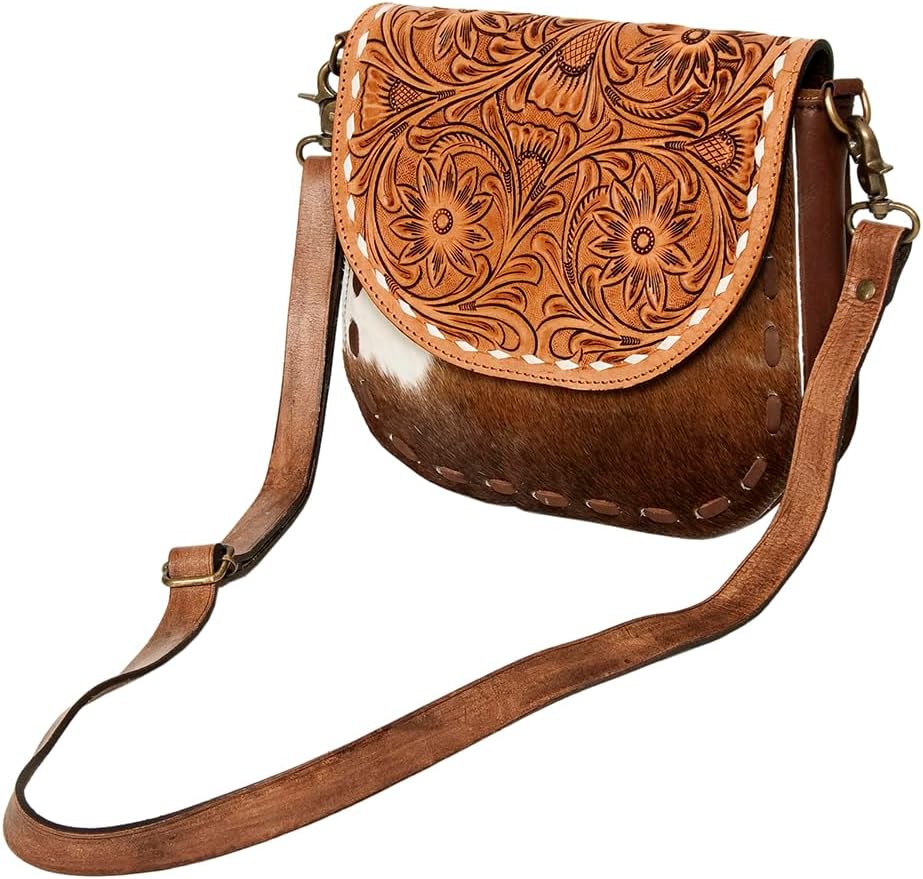 American Darling Hair-On Cowhide Floral Carved Hand Tooled Messenger Bag Eco-Friendly Genuine Leather YKK Zipper
