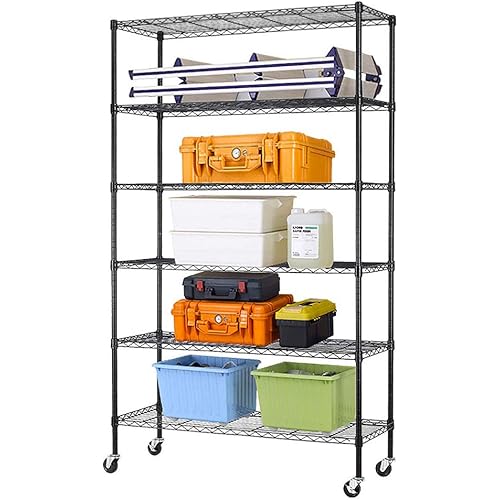 6 Tier Wire Shelving Unit Rack NSF Heavy Duty Height Adjustable Storage Shelf Metal Shelving with Wheels/Feet Levelers Garage Rack Kitchen Rack Office Rack Commercial Shelving - Black - 18x48x82