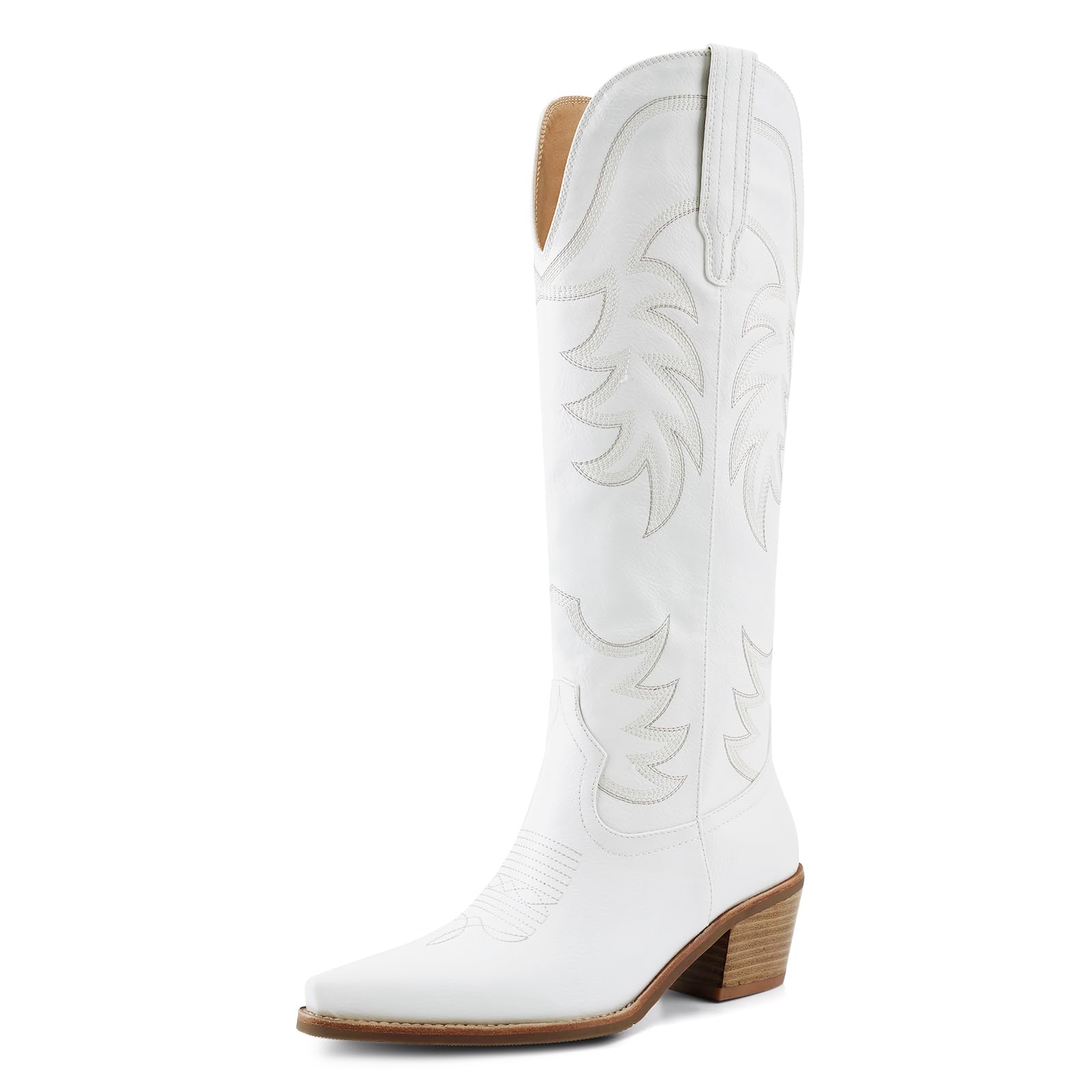 Cowboy Boots for Women Knee High Cowgirl Western Boots Pointed Toe Chunky Block Heel Retro Vintage Floral Embroidered