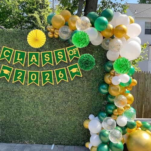 Image of Green Yellow Graduation Party Decoration Class Banner Hanging Pom Poms Flowers High School College Grad Supplies