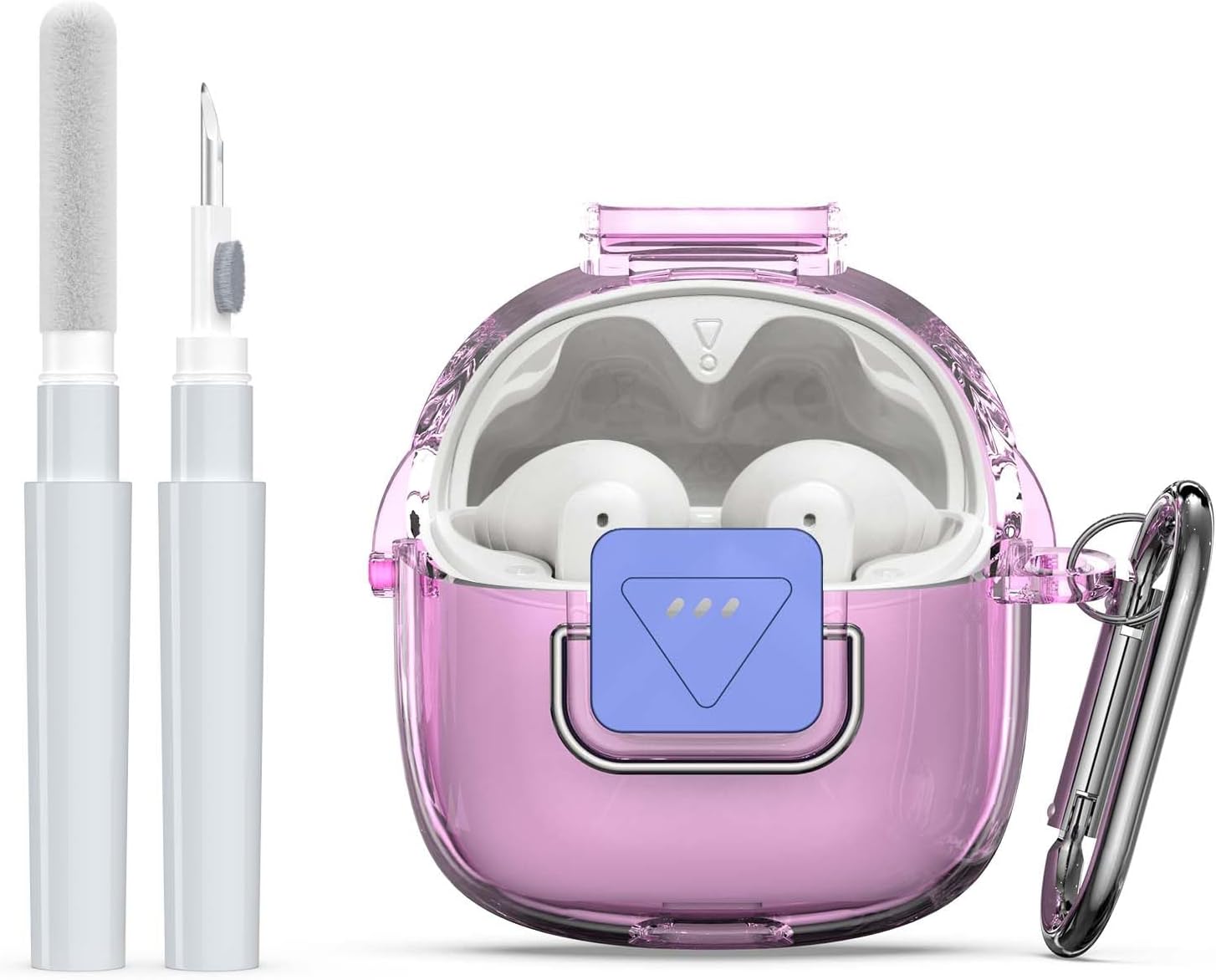 Upgrade Secure Lock for JBL Tune Flex 2 Case Cover with Cleaner kit, Clear TPU Protective Cover with JBL Tune Flex 2 True Wireless Noise Cancelling Earbuds Charging Case with Carabiner-Clear Pink