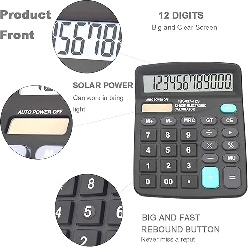 Miniatura 2 de Calculadoras BESTWYA Calculadora de escritorio portátil de 12 dígitos de doble potencia con pantalla LCD grande, botón sensible grande (negro,