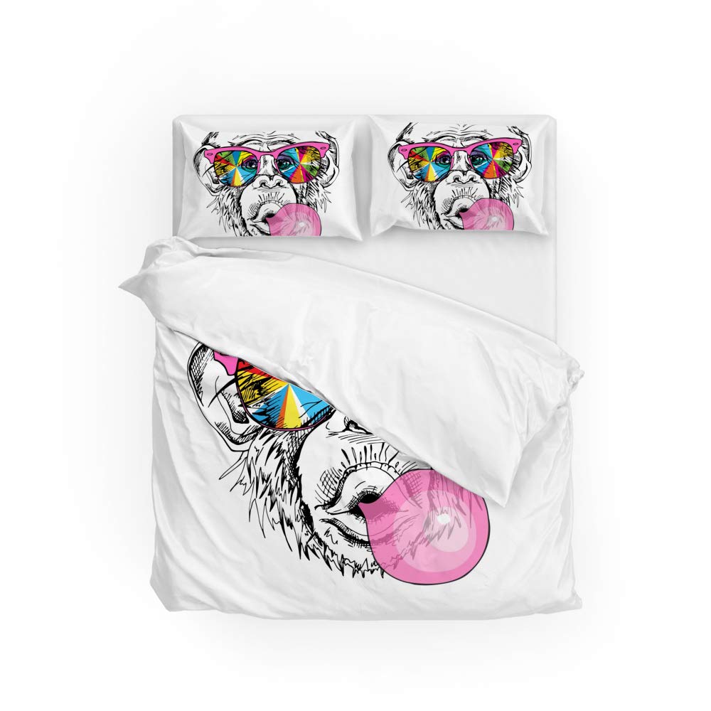 Housse de couette singe rose et sa taie d'oreiller en polyester doux CHEHONG
