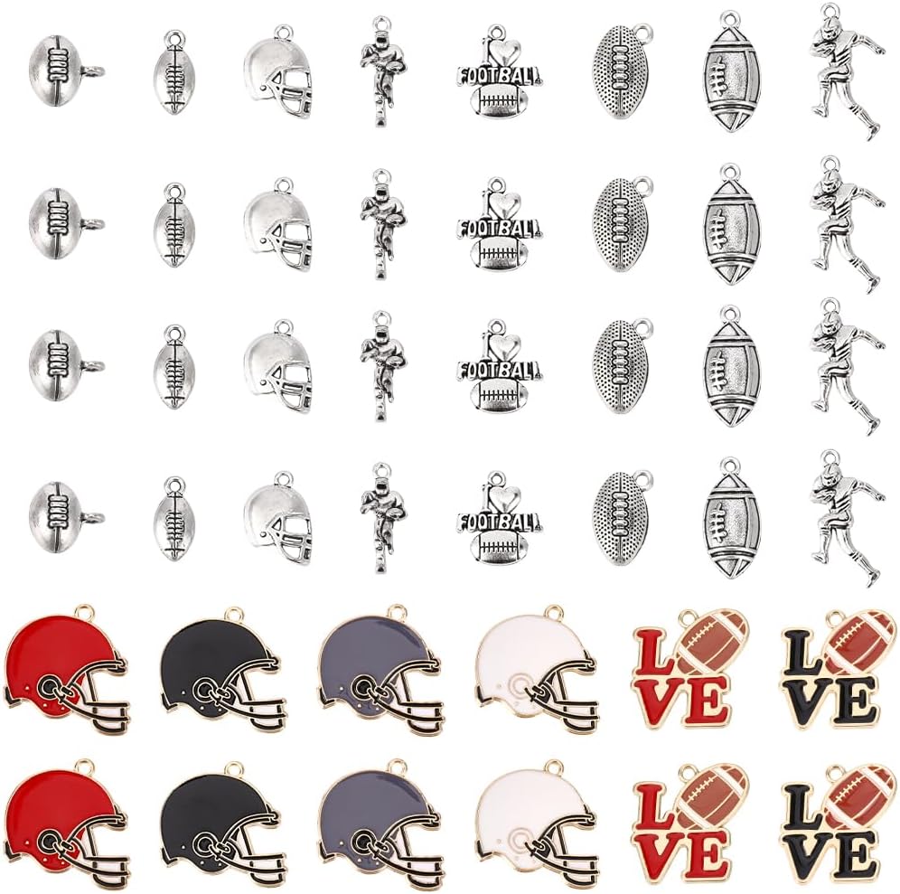 SUNNYCLUE 52Pcs 14 Styles Silver Rugby Charms Sports Bracelet Charms Colorful Metal Baseball Football Helmet Heart Human Enamel Alloy Small Pendants for Jewelry Making Necklaces Bracelets DIY Crafts - Image 6