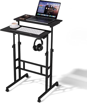 Magshion Standing Desk with Wheels, Height Adjustment from 28" to 46" Sit to Stand Up, Mobile Computer Desk, Rolling Laptop Cart for Home Office Walking Pad Writing and Gaming, Black