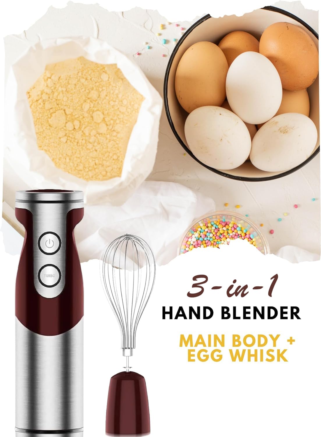 MegaWise 3-wybrane zestawy blendera ręcznego z regulacją prędkości, 400W blender do zanurzenia – w zestawie znajdują się pałeczka, mielacz mleka, pokrąglenie i beker do napojów, zup i babyfood (Czerwo