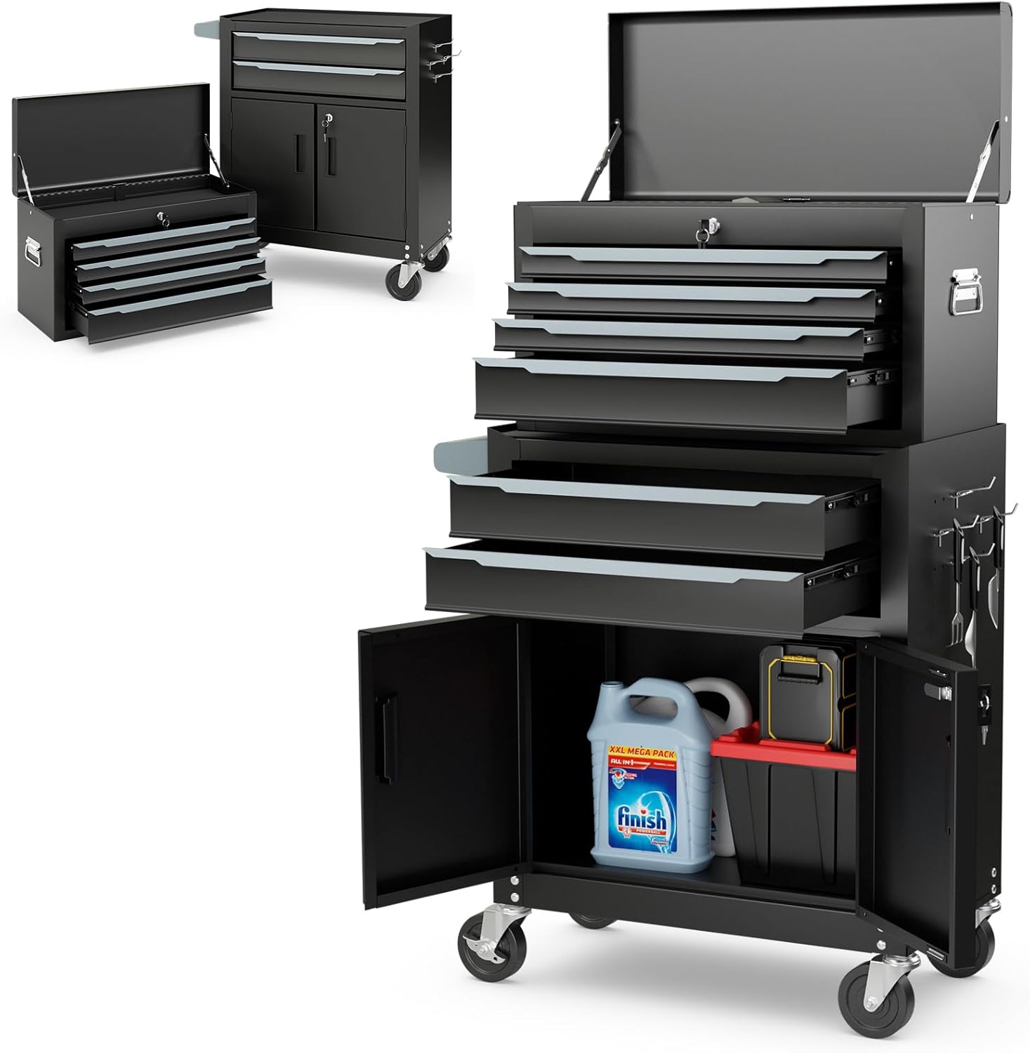 ERGOMASTER Rolling Tool Chest and Cabinet with 6-Drawers - Includes 4-Drawers Removable Top Box, 2-Drawer Capacity Tool Storage, Wheels and Locking System for Convenient and Safe Tool Storage-Black