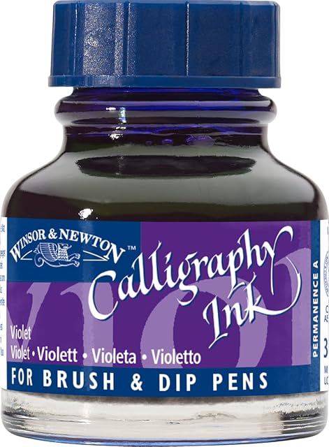 Winsor & Newton 1111688 tusze do kaligrafii (do piór wiecznych lub piór do pisania, można ze sobą mieszać, odporne na działanie światła, trwałe kolory) butelka 30 ml fioletowy