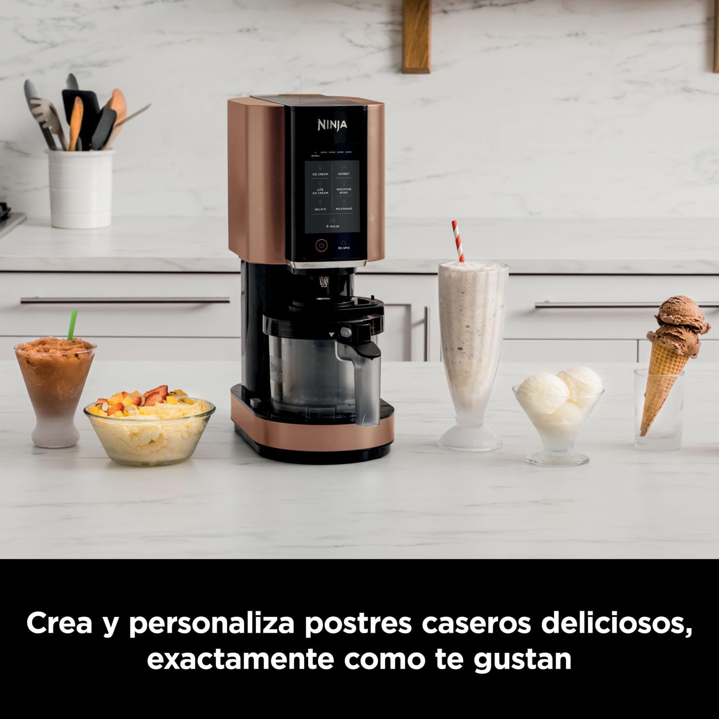 Ninja CREAMi Heladera multifunción, capacidad de 1,4L, 3 tarrinas, 7 programas, Helado, Gelato, Sorbete, Smoothie Bowl, Batido y más, negro/cobre, NC300EUCP — view 7