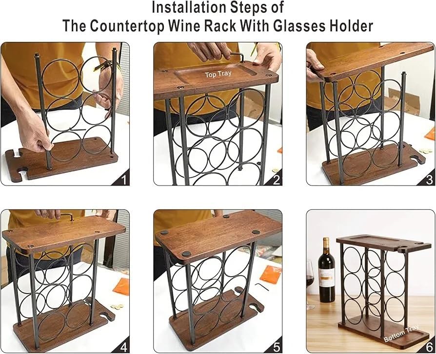 Image of Solid Wood Wine Bottle Rack for Home | Wooden & Metal Wall Mounted Wine Racks with 6 Stem Glass Holders for Wine Glasses (Natural)