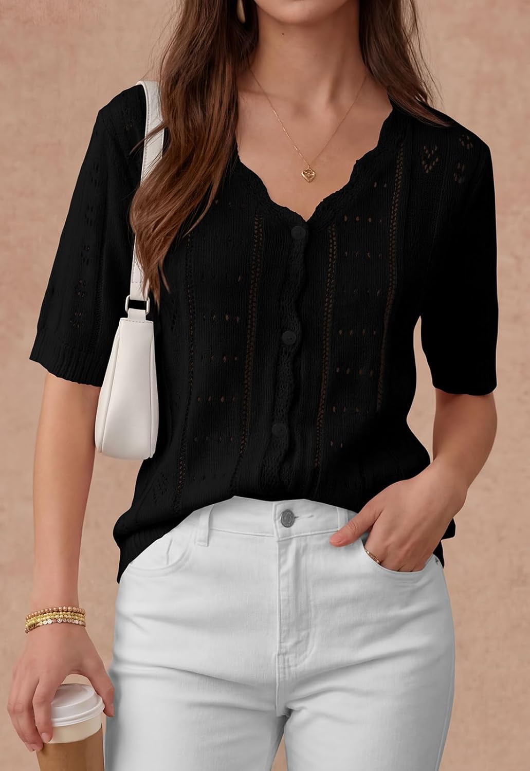 PRETTYGARDEN Womens Short Sleeve Crochet Knit Sweater Spring Fashion 2026 Button Down Lightweight Cardigans Summer Tops - Image 2