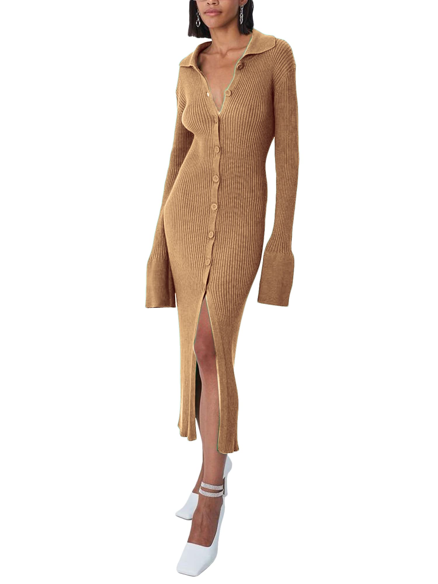 Women's Stand Collar Long Sleeves Bodycon Sweater Button Dress Sexy Knit Slim Cardigans