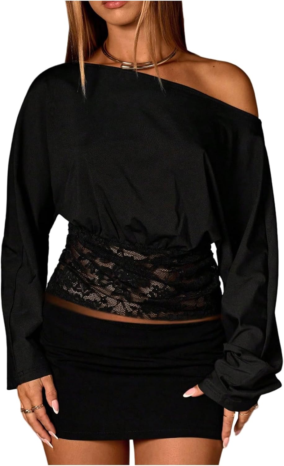 MakeMeChic Women's Off The Shoulder T Shirts Lace Cinched Waist Long Sleeve Tops
