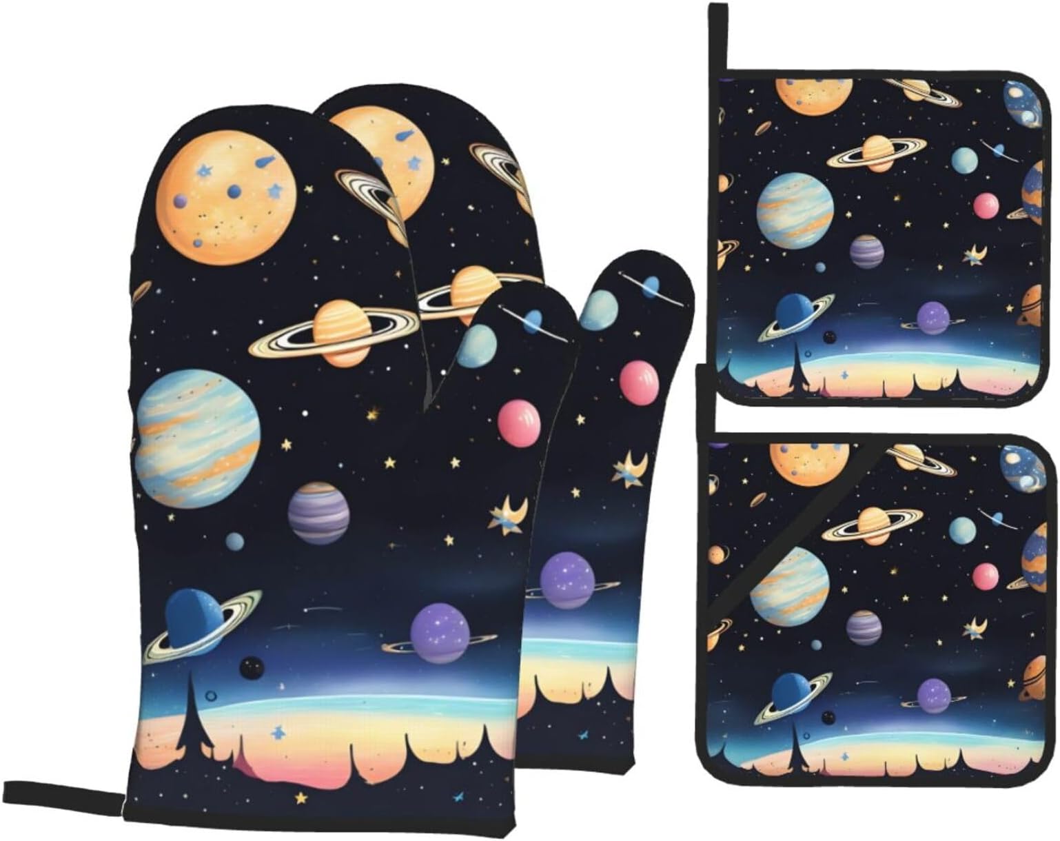 Saturn Jupiter Earth Oven Mitts And Pan Pad 4-Piece Set, Heat Resistant And Non-Slip, Suitable For Kitchen Baking And Grilling