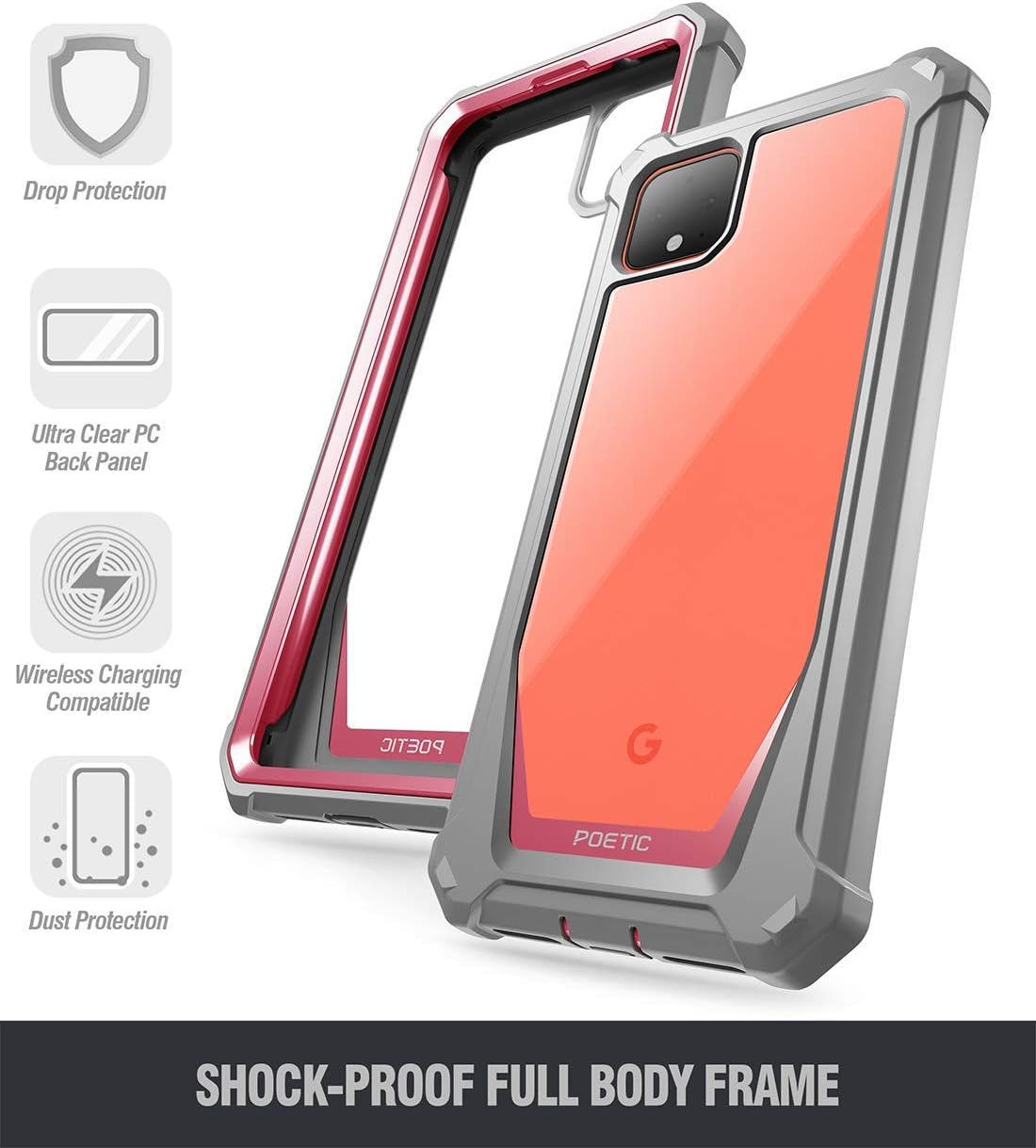 Poetic Guardian Series Case Designed for Google Pixel 4 XL 6.3 inch (2019 Release), Full-Body Hybrid Shockproof Bumper Cover with Built-in-Screen Protector, Pink/Clear