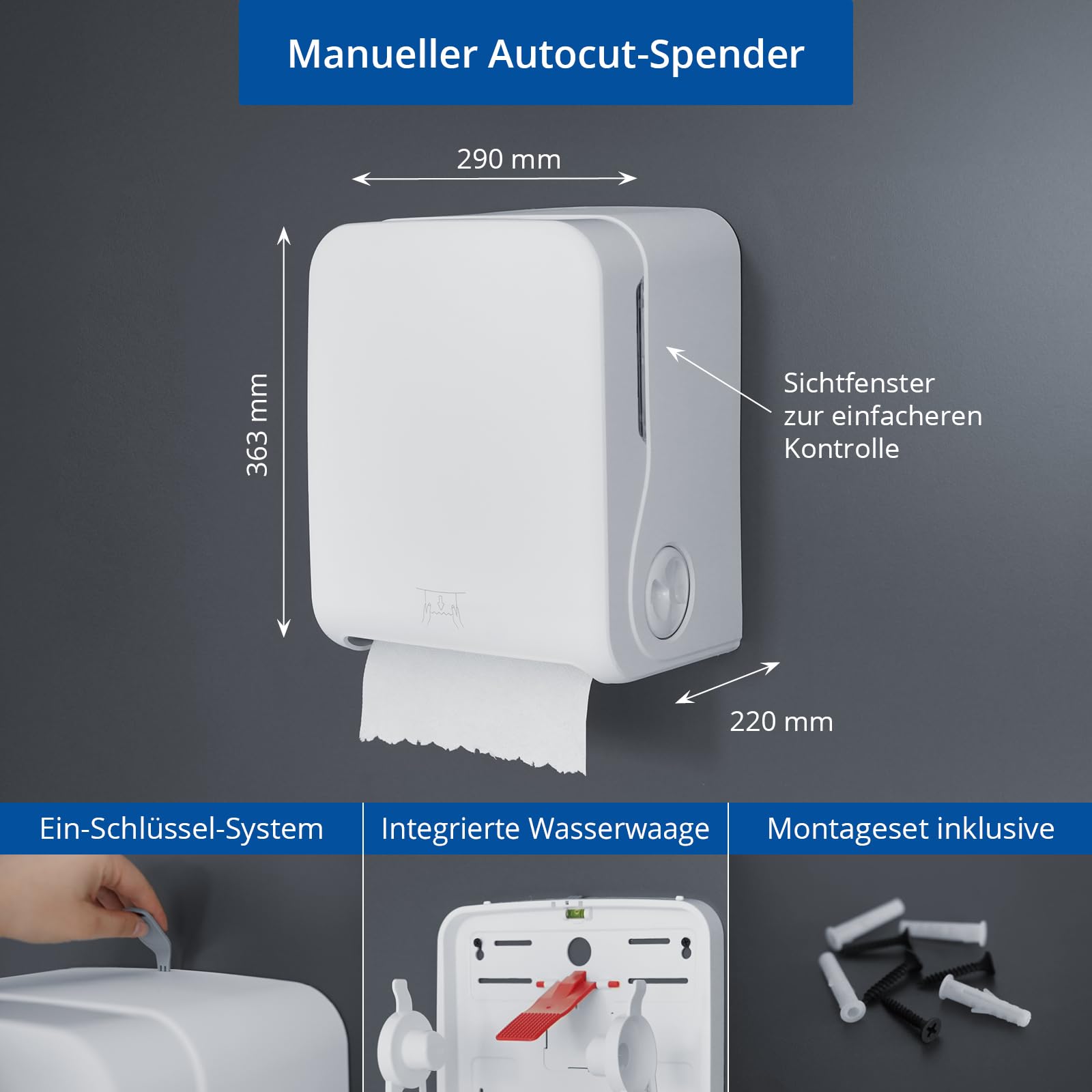 Autocut Handtuchrollenspender weiß matt + Handtuchrolle Autocut 20 cm, 2-lagig, 130 m, Zellstoff hochweiß – Set, ideal für öffentliche Sanitärräume, Gastronomie & Büros