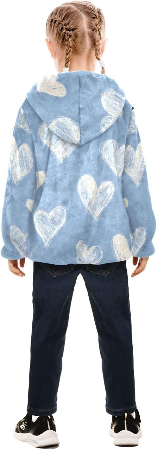 ALAZA White Heart Lines Hoodie Jacket for Girls Toddler Fleece Zip Up Coat Plush Jacket Long Sleeve Outerwear for 3 Years