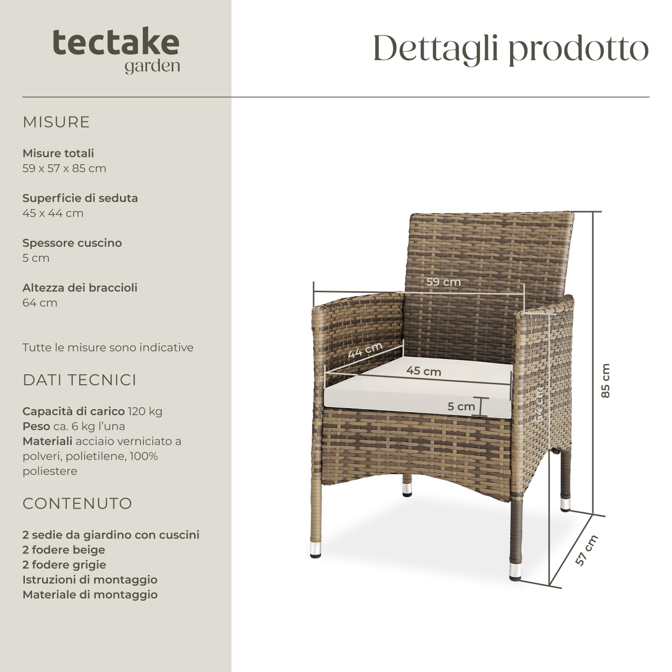 tectake® Set di 2 Sedie da Giardino in Poly Rattan di Alta Qualità, 4 Rivestimenti di Ricambio, Design Moderno con Morbidi Rivestimenti Beige e Grigio, Imbottiture Rimovibili - Naturale/Grigio Scuro
