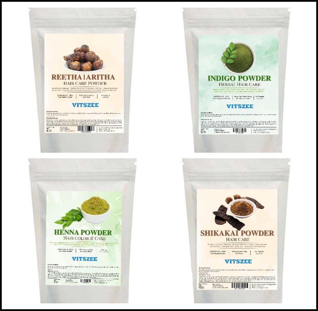 VITSZEECARE Heena powder | Retha/Aritha powder | Indigo Powder | Shikakai Powder | each 100gm | total 400gm for harbal hair grow color