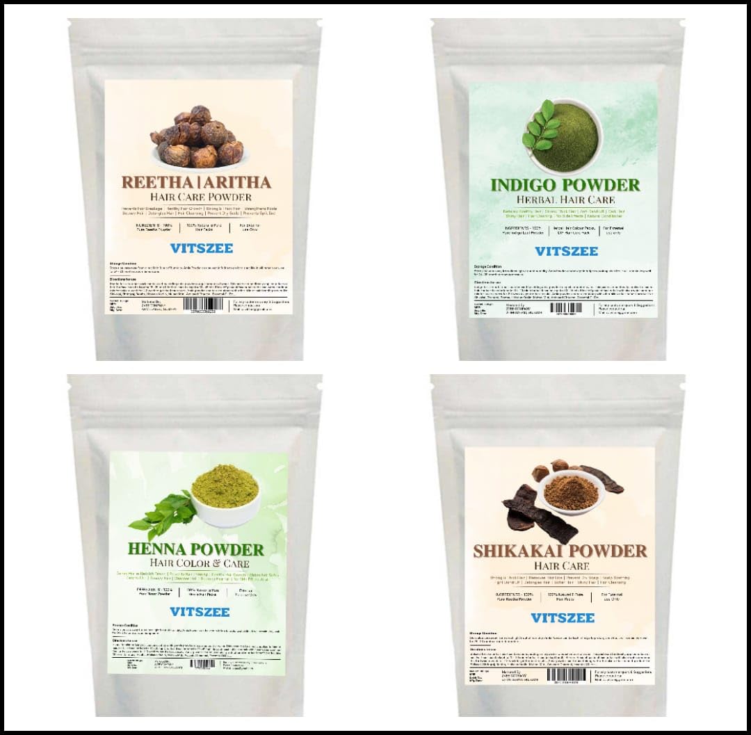 VITSZEECARE Heena powder | Retha/Aritha powder | Indigo Powder | Shikakai Powder | each 100gm | total 400gm for harbal hair grow color