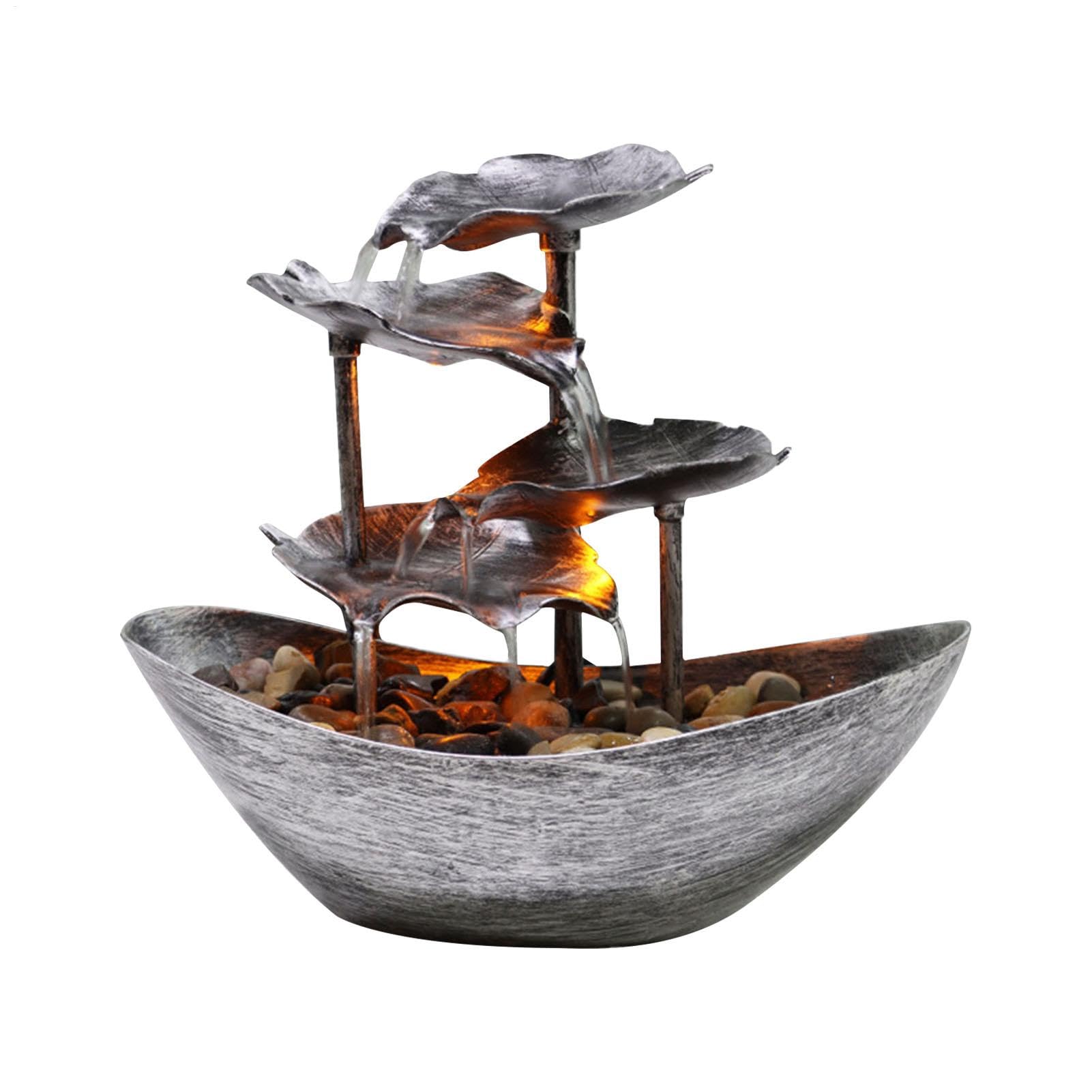 Fuente pequeña de cascada para interiores? Fuente de mesa de 4 niveles | Fuente de escritorio de relajación con bomba automática USB, luces LED, llave, decoración dorada y plateada de 10 pulgadas pa