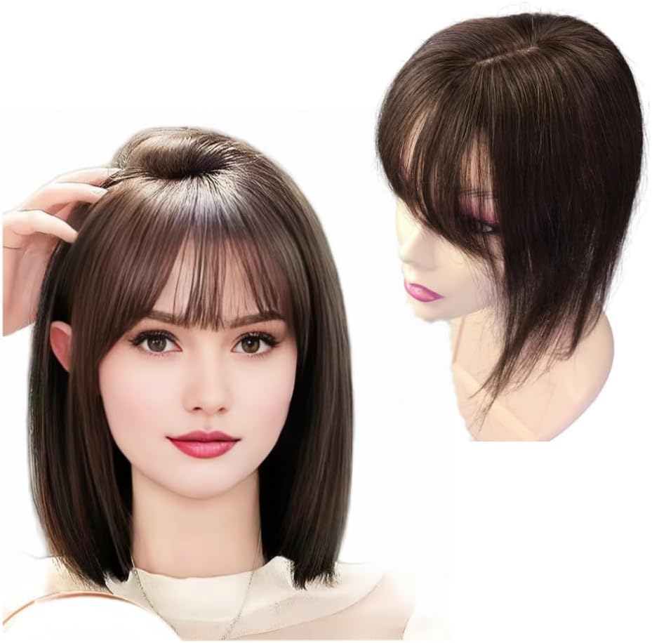 Anemone Invisible Human Hair Toppers For Women Clip In Toppers With 3D Air Bangs Fringe Straight 10x11cm Middle Part PU Scalp Wiglets Hairpieces Increase Hair Volume (30cm, Dark Brown)