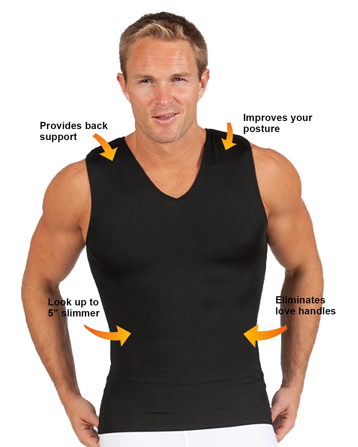 Insta Slim - Made in USA - 3 Pack - Mens Compression Body Shaper Sleeveless V-Neck for Back Support, Gynecomastia & Hernias