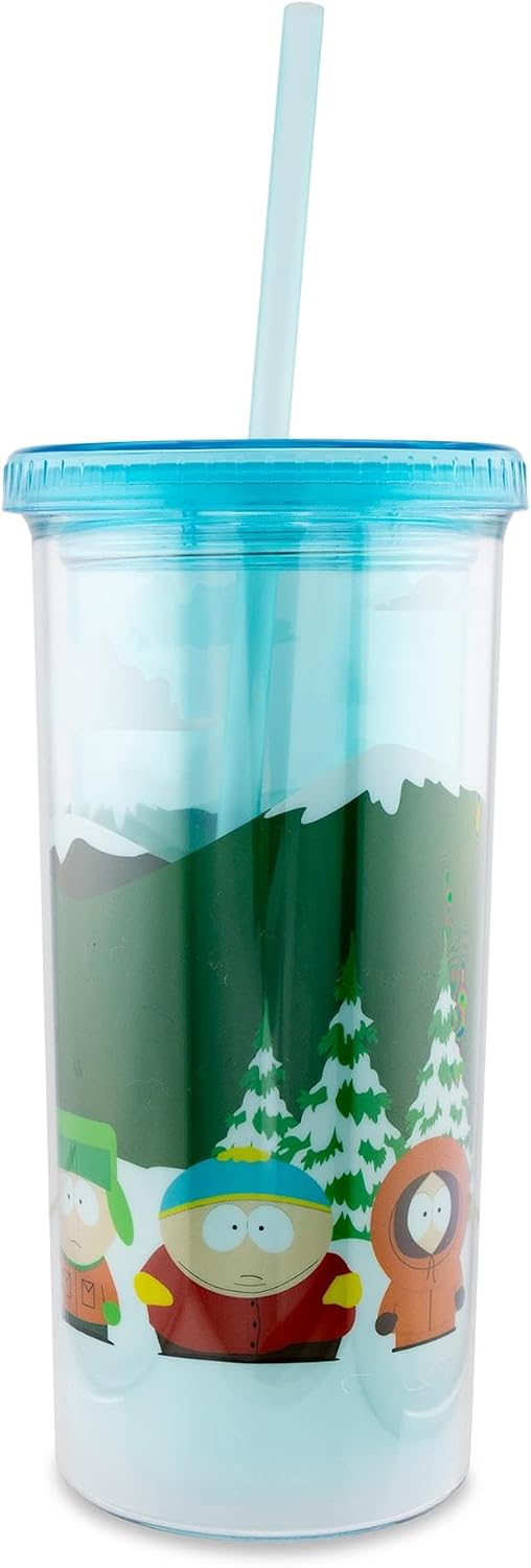 South Park Bus Stop Plastic Carnival Cup With Spill-Resistant Lid and Reusable Straw | Holds 20 Ounces