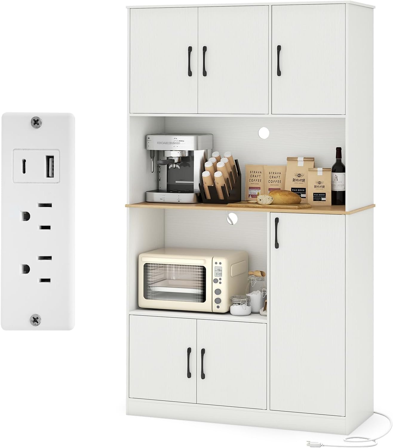 LOKO 71” Tall Kitchen Pantry Cabinet with Charging Station, Wooden Buffet Cupboard Sideboard with Microwave Stand & Doors, Modern Storage Cabinet for Dining Room, Living Room (White)